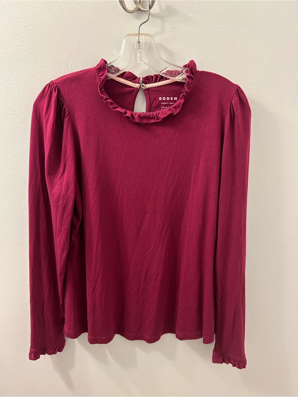 Boden Ruffle Collar Long-Sleeve Top in Berry Red